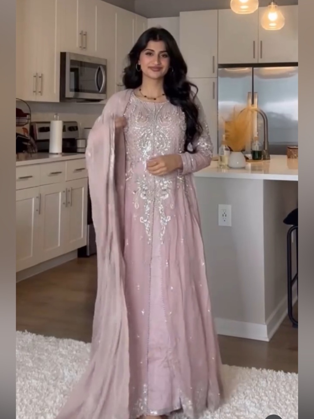 Elegant Pink Embellished Maxi Dress with Matching Shawl